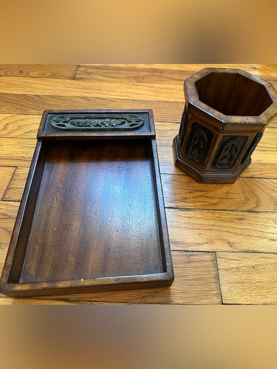 Other - Vintage Antique Gothic Revival Wooden Desk Set Valet Tray & Octagonal Organizer